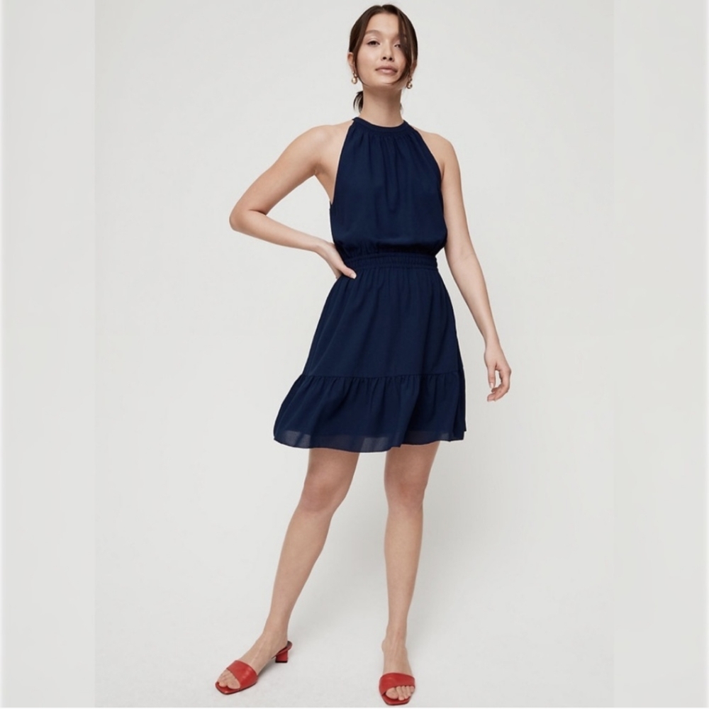 Wilfred Artizia | Effet Dress Navy Blue Small Halter Neck Ruched Waist Sleeveles